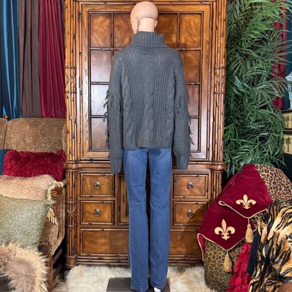 Connoto Steel Gray Cable Knit Fringe Sleeve Ribbed Turtleneck Sweater - Picture 5 of 8